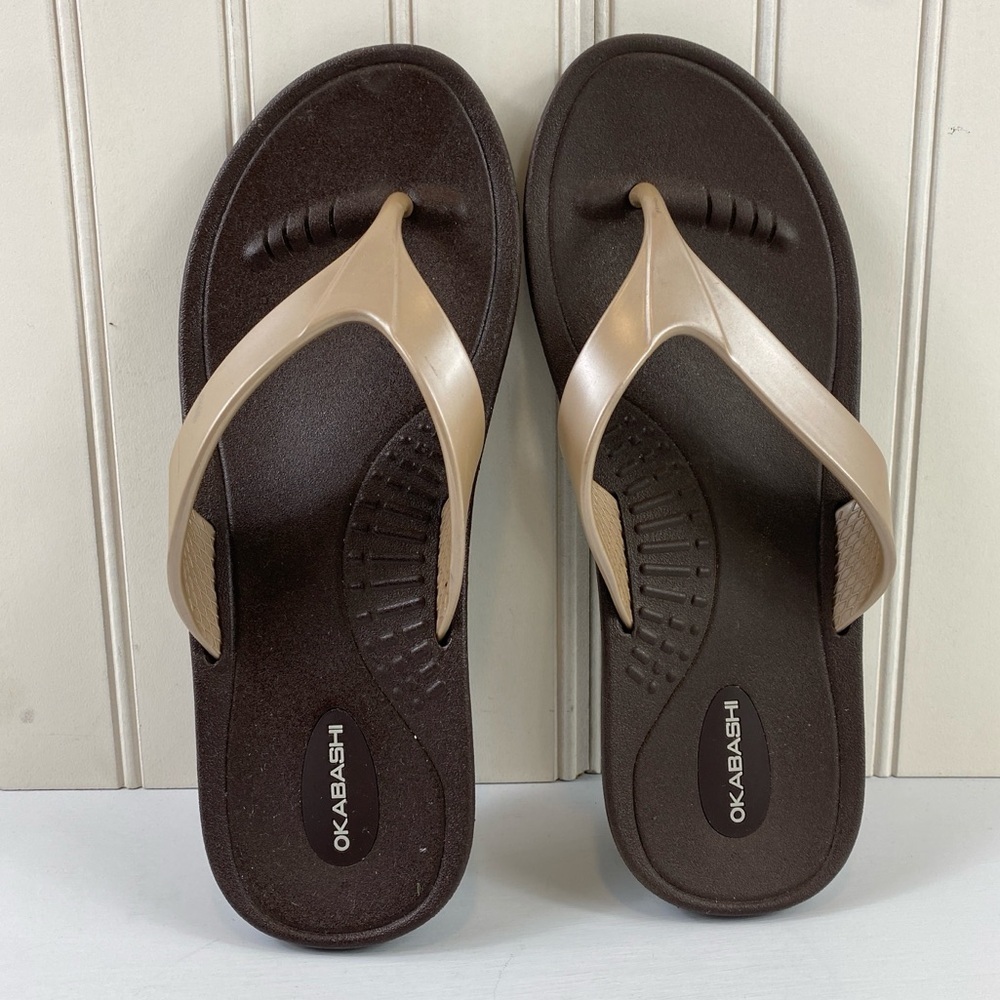 Okabashi‎ Marina Women’s Open Toe Synthetic Brown Gold Thong Sandals (M/L) - Picture 3 of 11
